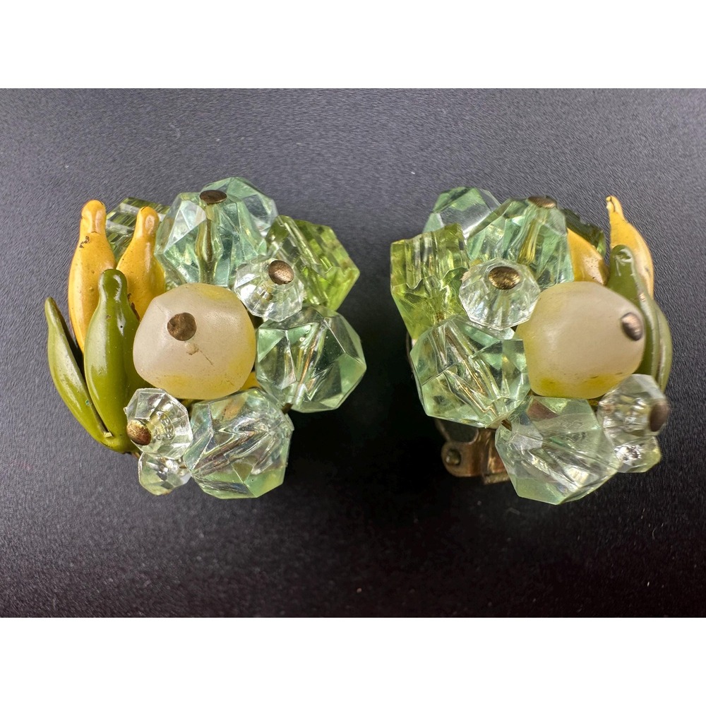 Vintage 1950s West Germany Glass Cluster Earrings Enamel Leaves Clip On